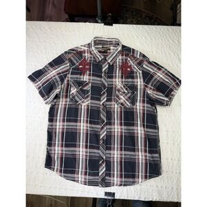 Helix Plaid Button Up Shirt Mens XL Y2K Rocker Embroidered Gothic